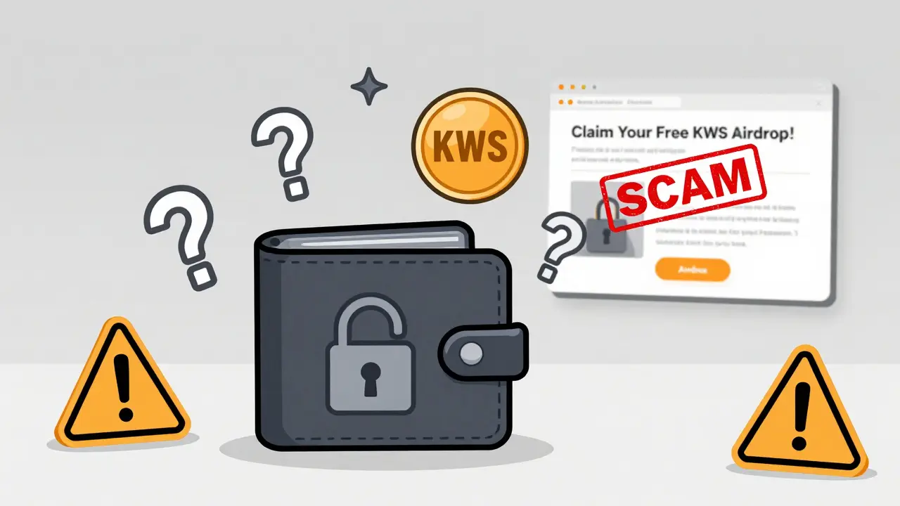 Eine Wallet mit Warnsymbolen, umgeben von falschen Airdrop-Websites und einem nutzlosen KWS-Token in der Luft.