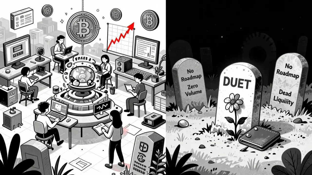 Kontrastierende Szene: Lebendiges Krypto-Ökosystem links, rechts ein Grabfeld mit 'DUET'-Grabsteinen und einer verwelkten Blume.