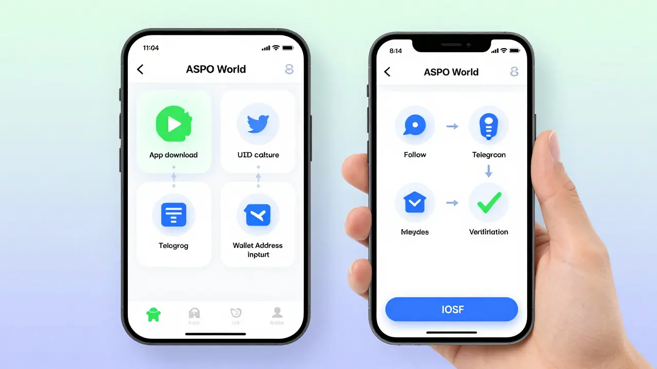 Mobile app interface showing the 8-step ASPO World Airdrop registration process with icons.
