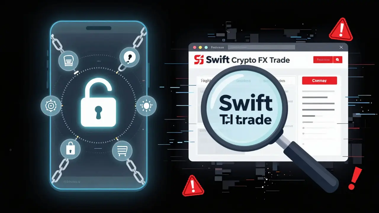 Sichere SWFT-App im Vergleich zu einer betrügerischen Krypto-Plattform mit Warnsymbolen.