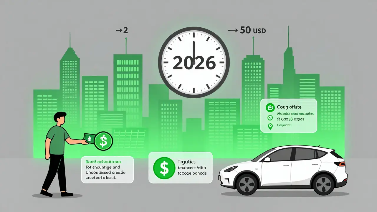 Technische Illustration: CO2-Tokens integriert in Alltagsfinanzierung — Zahlung, Kredit, Elektroauto — mit steigenden Preisen und grüner Infrastruktur.