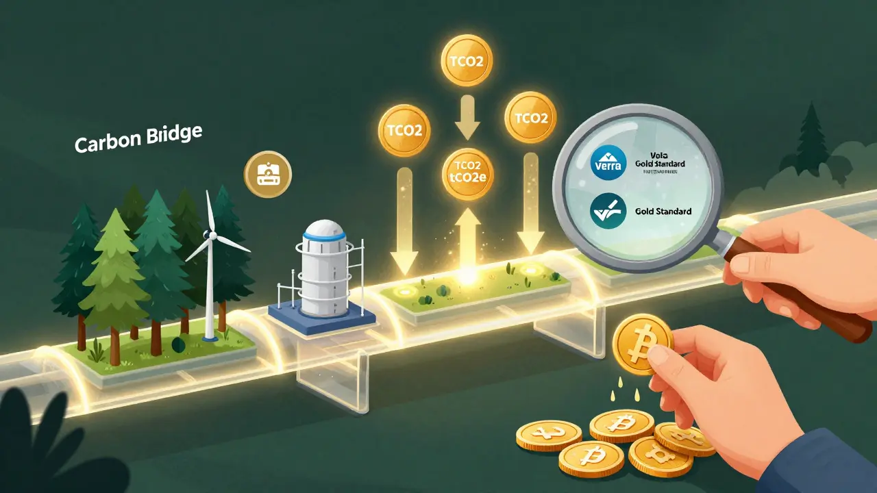 Technische Illustration: Eine leuchtende Carbon Bridge verbindet physische Klimaprojekte mit digitalen Blockchain-Tokens und Verifizierungsseals.