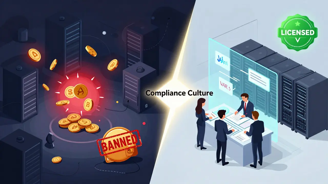 Technische Illustration: Gegenüberstellung eines verbotenen und eines lizenzierten Krypto-Unternehmens.