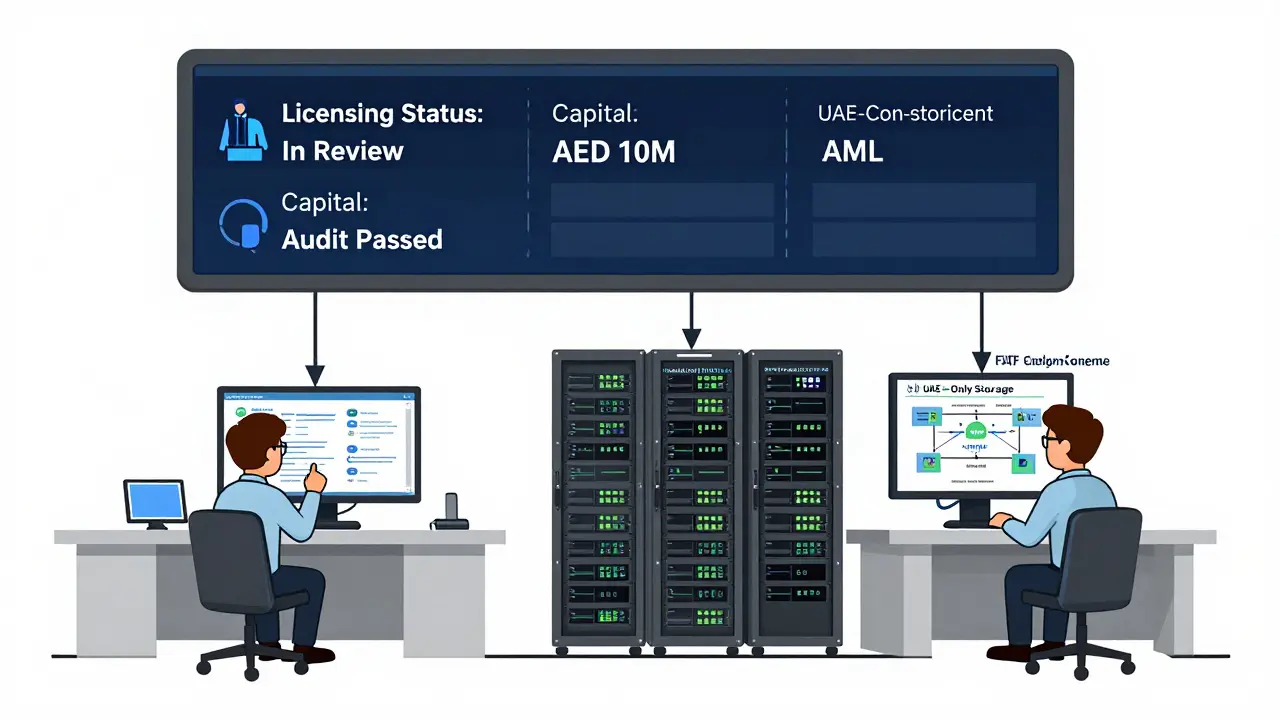 Technische Illustration: Innenaufbau einer Krypto-Firma mit Compliance-Team und UAE-Datenservern.
