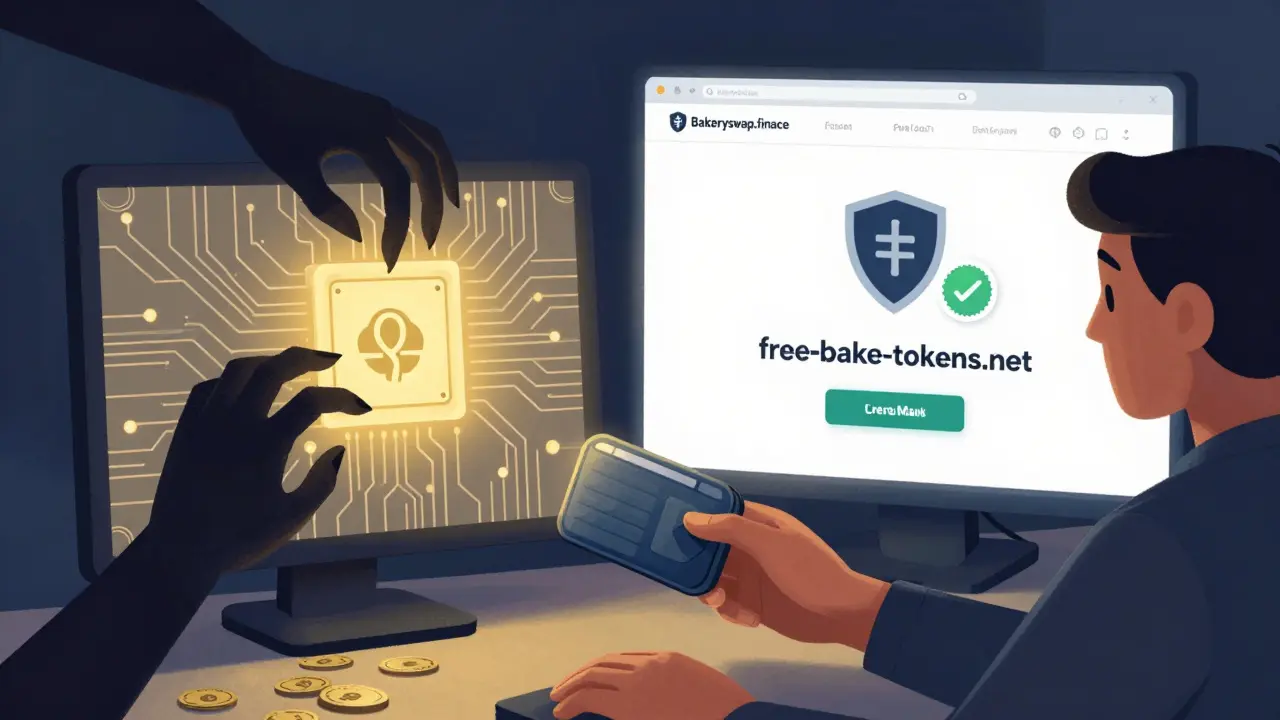 Technische Illustration: Nutzer verbindet Wallet mit betrügerischer Website, während schattenhafte Hände Tokens und NFTs stehlen, im Hintergrund die echte Seite mit Shield-Symbol.