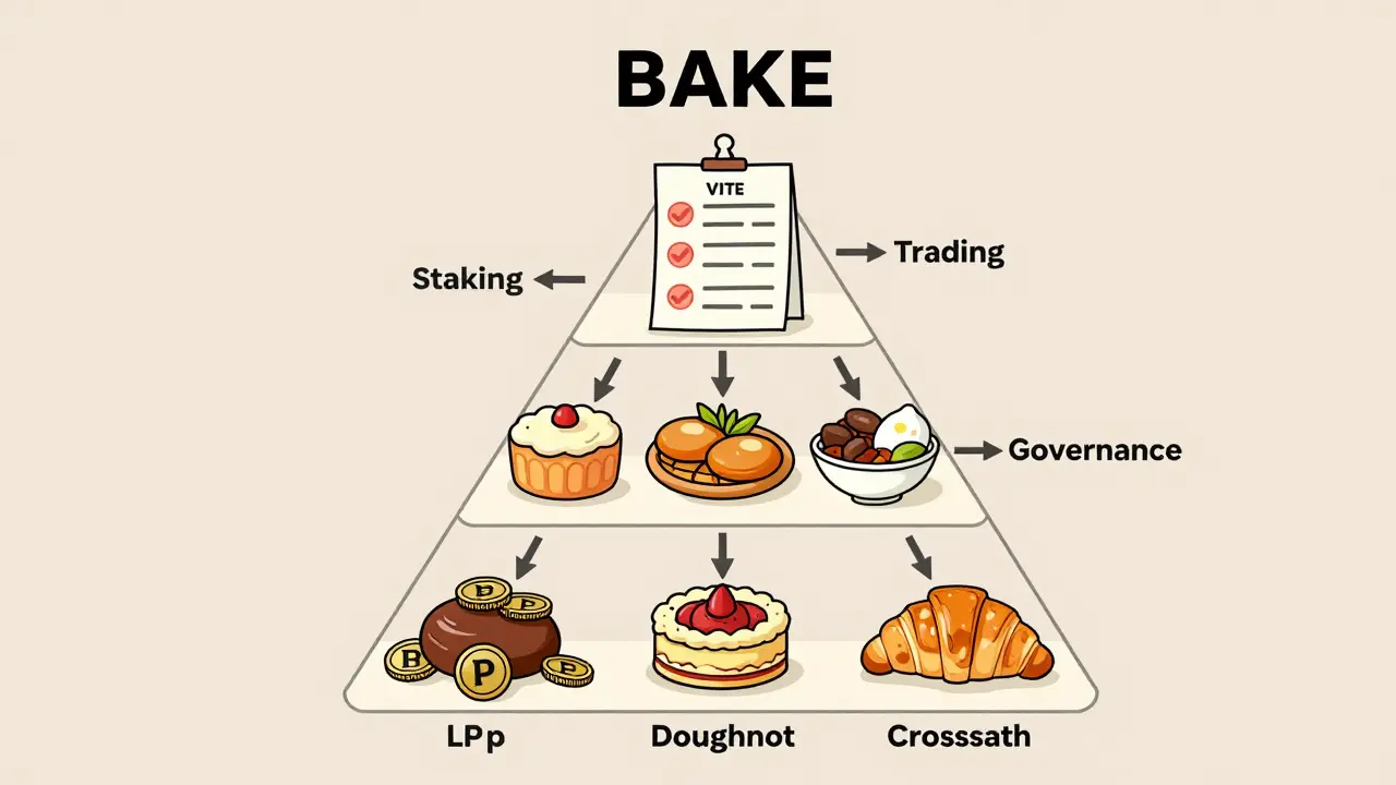 Technische Illustration: Pyramidendiagramm des BAKE-Ökosystems mit Yield-Farming, NFT-Minting und Governance als aufeinander aufbauende Ebenen.