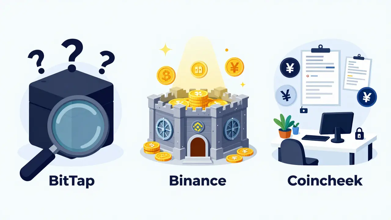 Vergleich dreier Krypto-Börsen: BitTap als leere Box mit Fragezeichen, Binance und Coincheck mit klaren Sicherheitsmerkmalen.