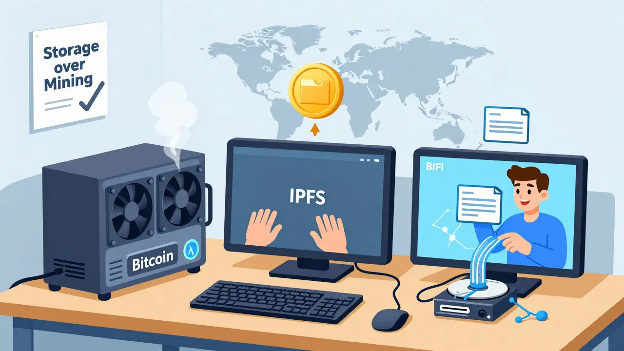 Vergleich von Bitcoin-Mining, IPFS und BIFI: Nur BIFI nutzt Speicherplatz statt Rechenleistung.