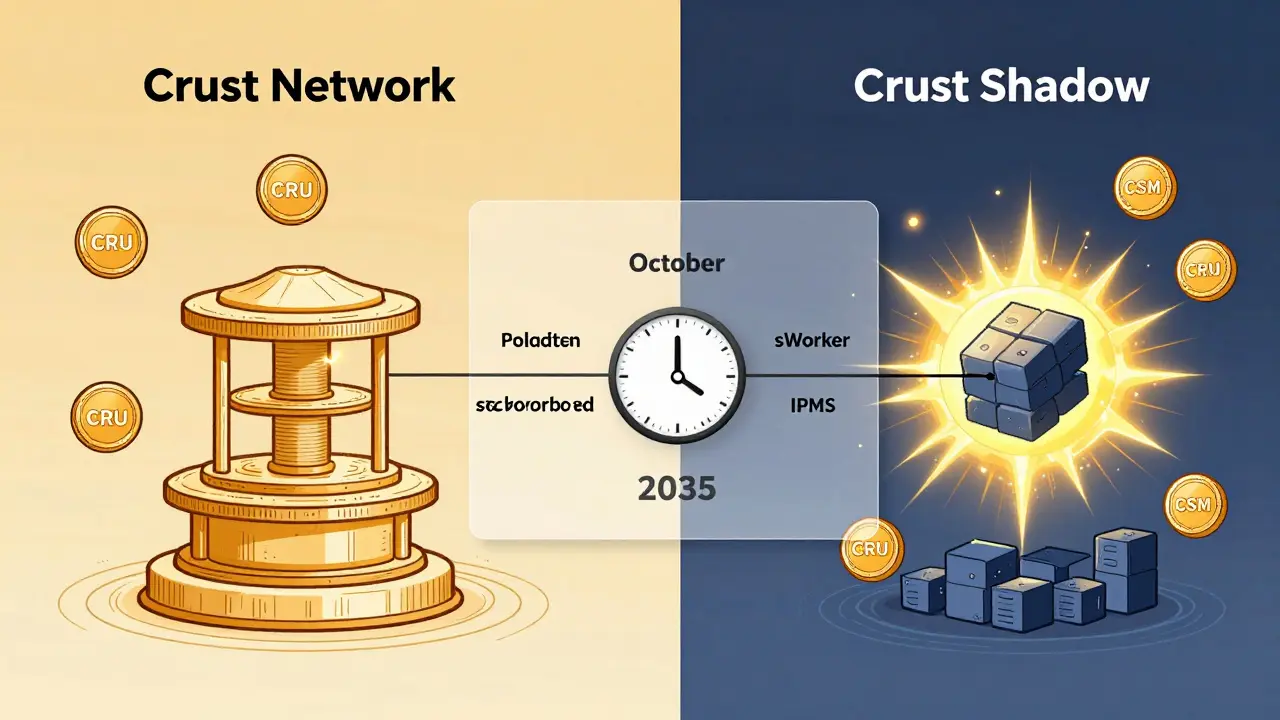 Vergleich von Crust (Polkadot) und Crust Shadow (Kusama) mit ihren Tokens und technischen Mechanismen.