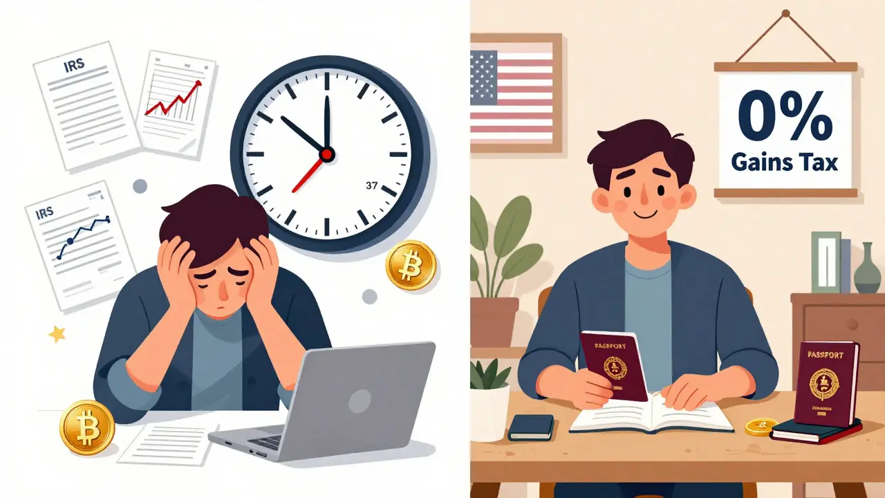 Vergleich zweier Lebenswege: Ein US-Bürger zahlt hohe Krypto-Steuer, während ein anderer in Portugal steuerfrei lebt.