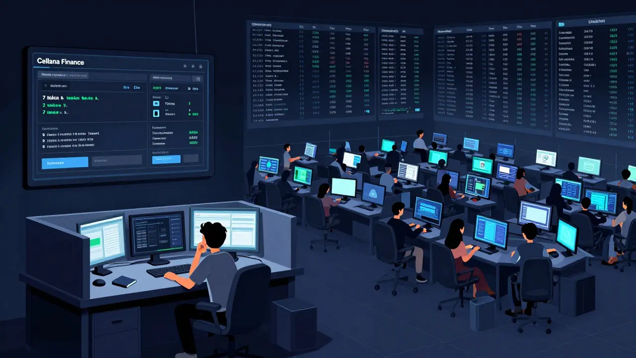 Vergleich zwischen der kleinen, ruhigen Cellana-Börse und der überfüllten, lebhaften Uniswap-Plattform.