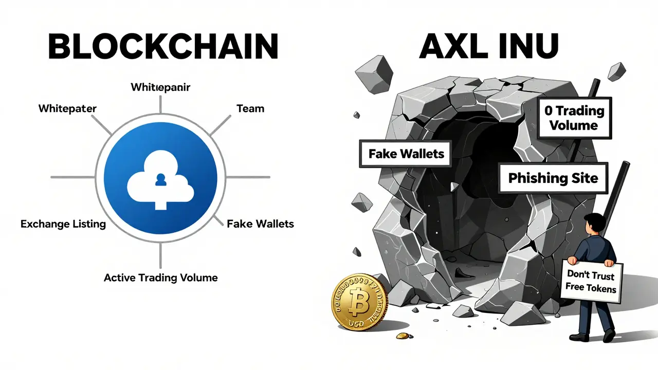 Vergleich zwischen einem echten Blockchain-Projekt und dem leeren, zusammenbrechenden Betrugsprojekt AXL INU mit 0 Handelsvolumen.