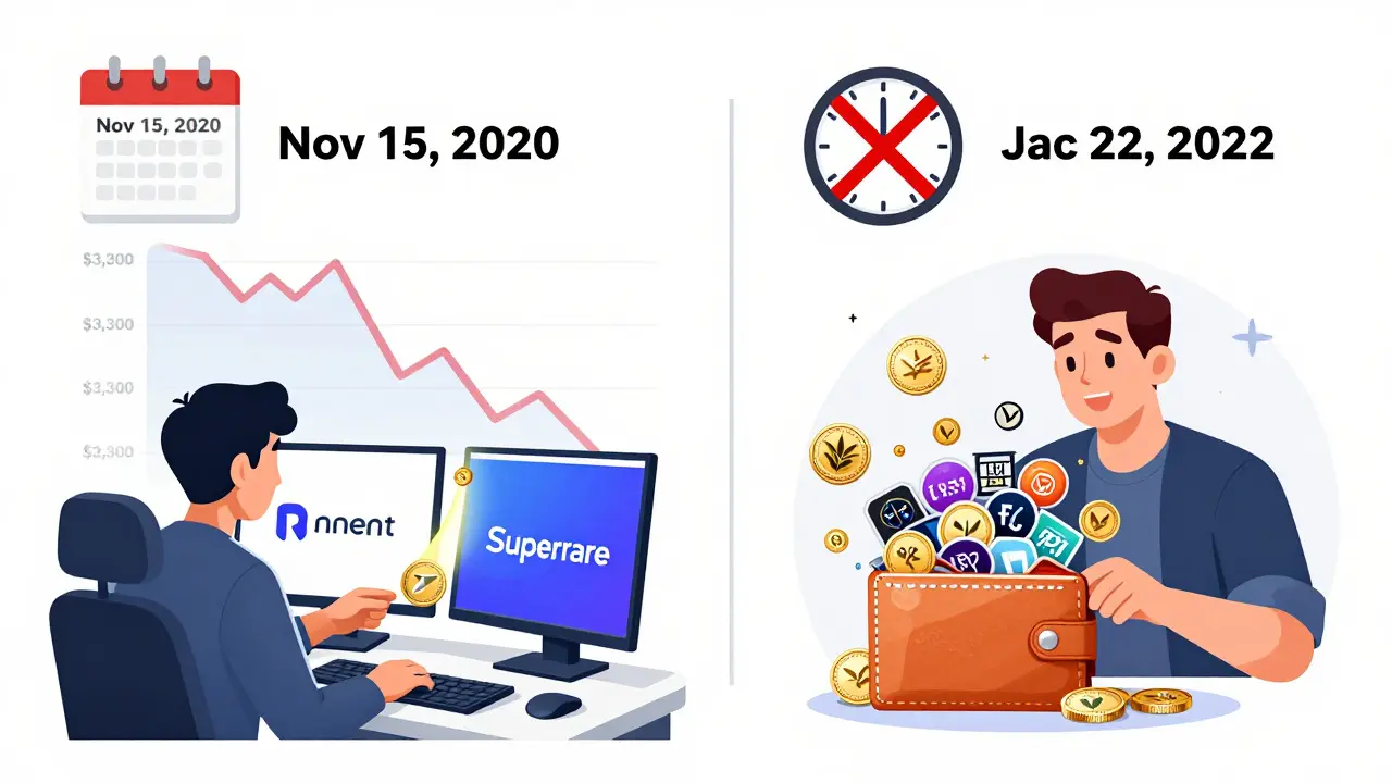 Zwei Szenen: Ein NFT-Künstler erhält Millionen PAINT-Token, ein Sammler erhält Tausende — beide mit Ablaufdatum und fallendem Preisgraph.