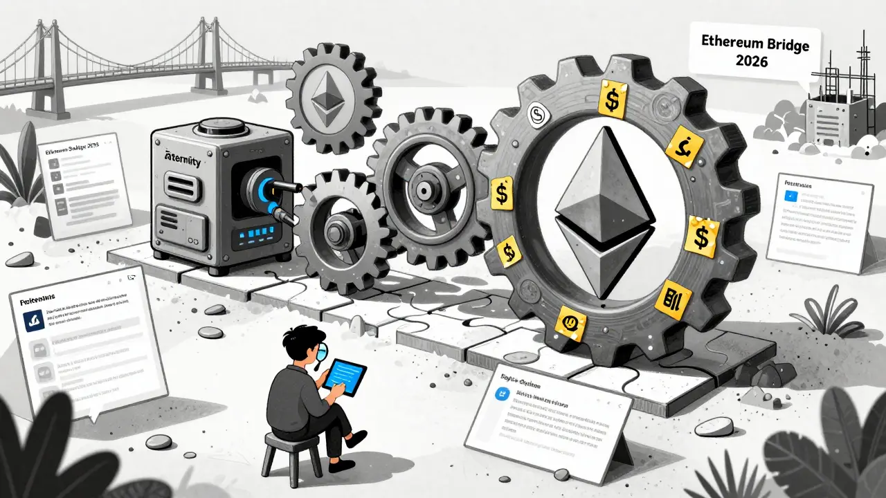 Æternity's FATE and oracle system as precision gears, versus Ethereum's bulky, fee-heavy mechanism, with a lone developer studying Sophia code.