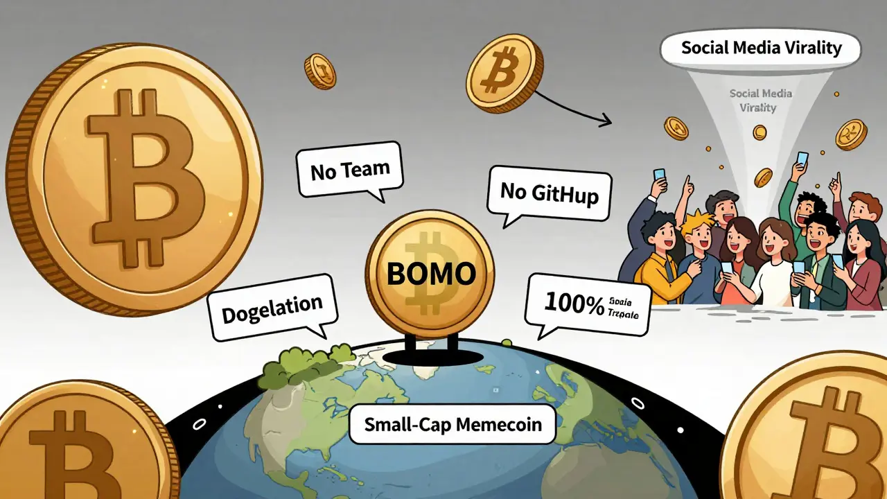 BOMO-Token auf kleinem Planeten, umgeben von Warnhinweisen und einer Menge, die Social-Media-Viralität feiert.