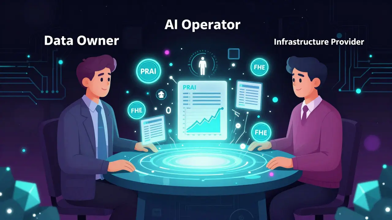 Drei Akteure arbeiten zusammen, um verschlüsselte Daten zu verarbeiten, ohne sie zu entschlüsseln.
