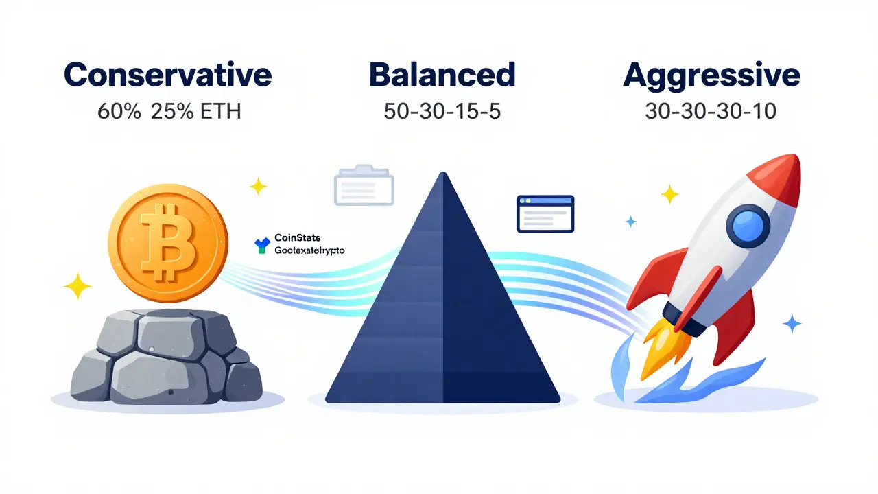 Drei Anlegerprofile – konservativ, ausgewogen und aggressiv – mit ihren jeweiligen Krypto-Allokationen und verbundenen Portfolio-Trackern in technischer Illustration.