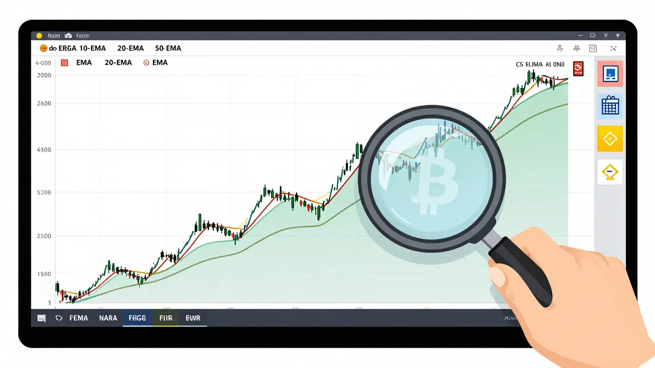 Drei gleitende Durchschnitte auf einem 4-Stunden-Chart, in aufsteigender Reihenfolge angeordnet, mit Hinweisen für erfahrene Trader.