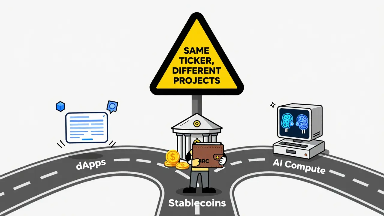 Ein Anleger steht vor drei Pfaden mit demselben Ticker ARC – jede Route führt zu einem völlig anderen Projekt: dApps, Stablecoins oder KI.