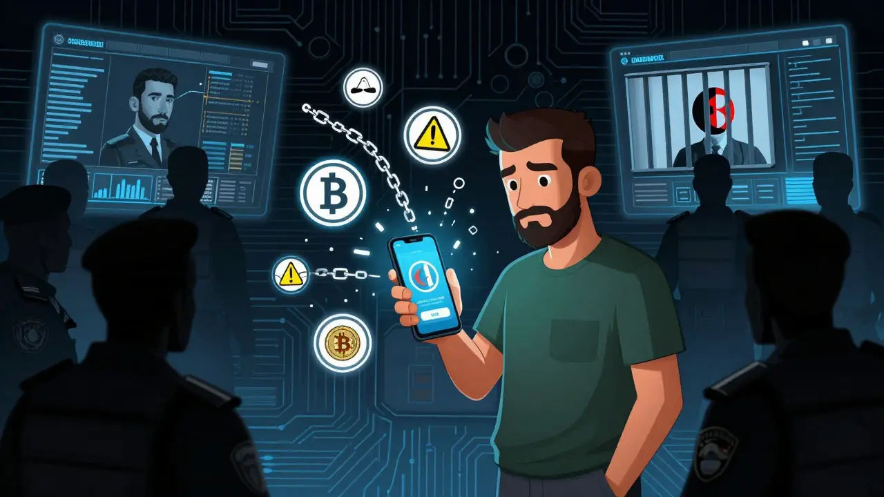 Ein Bürger hält ein Smartphone mit versteckter Krypto-Wallet, während staatliche Überwachungssymbole ihn umgeben.