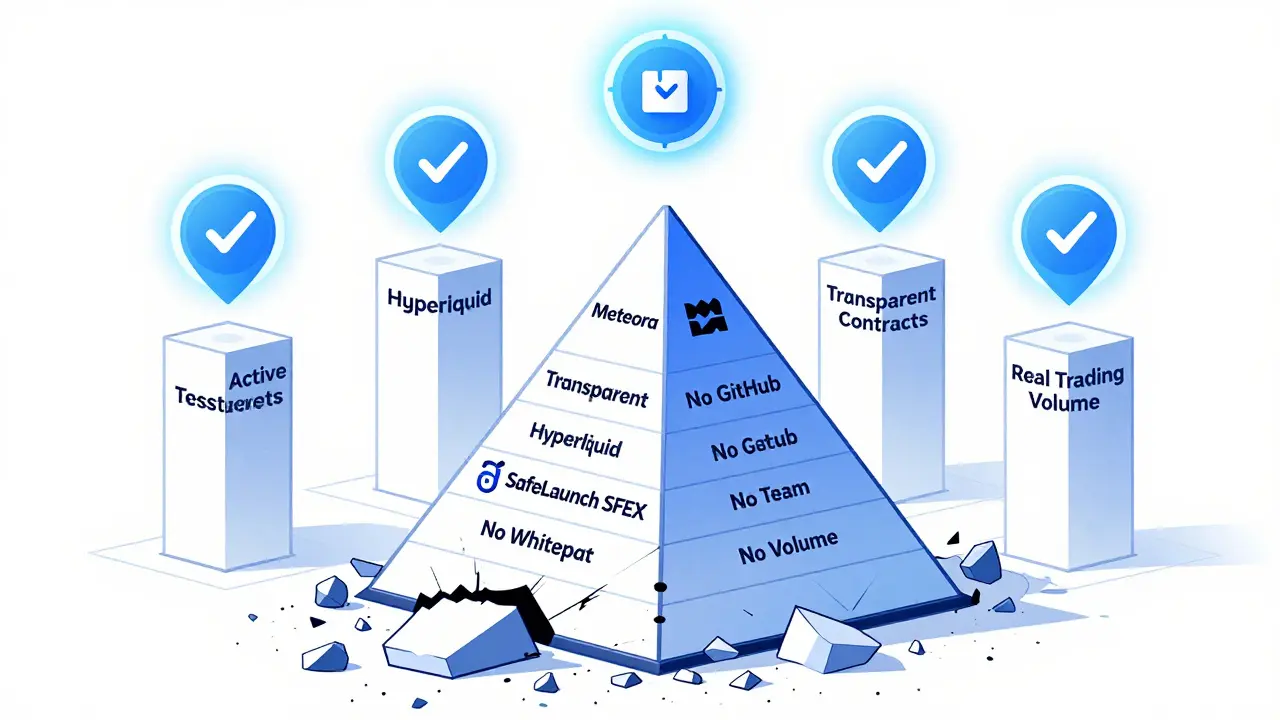 Ein einsturzgefährdeter SafeLaunch-Schacht im Vergleich zu stabilen, transparenten Krypto-Projekten mit klaren Vertragsnachweisen.