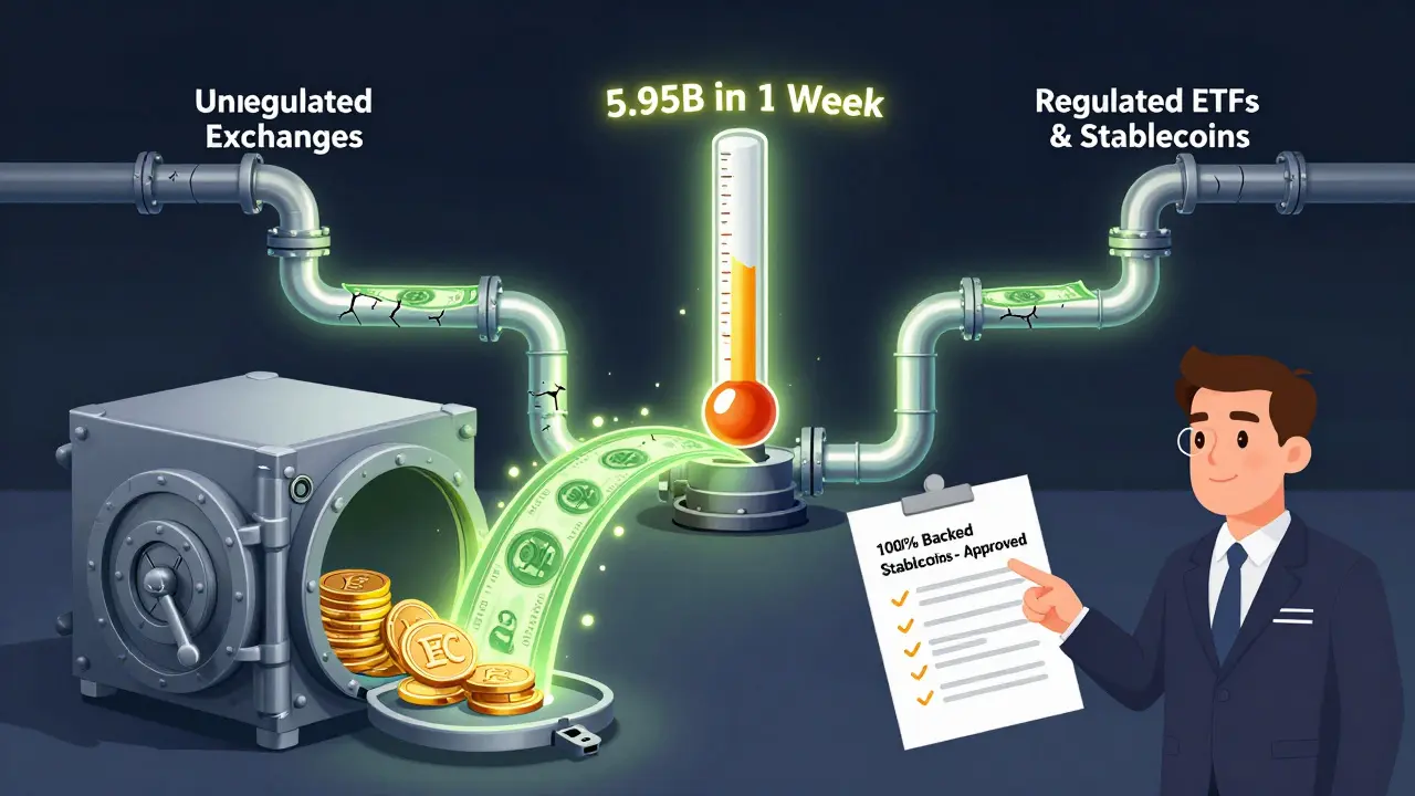 Ein Flusssystem, das Geld von unregulierten Börsen in regulierte ETFs und Stablecoins leitet, mit einem Anstieg von 5,95 Milliarden US-Dollar.