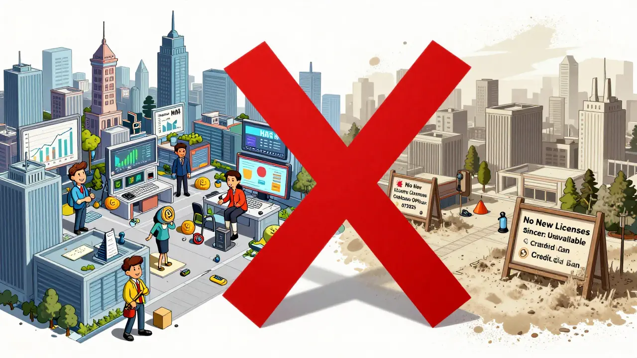 Ein früherer Krypto-Hub in Singapur ist nun verlassen und verstaubt, mit Schildern, die das Lizenzverbot und die Kreditkartenverbote anzeigen.