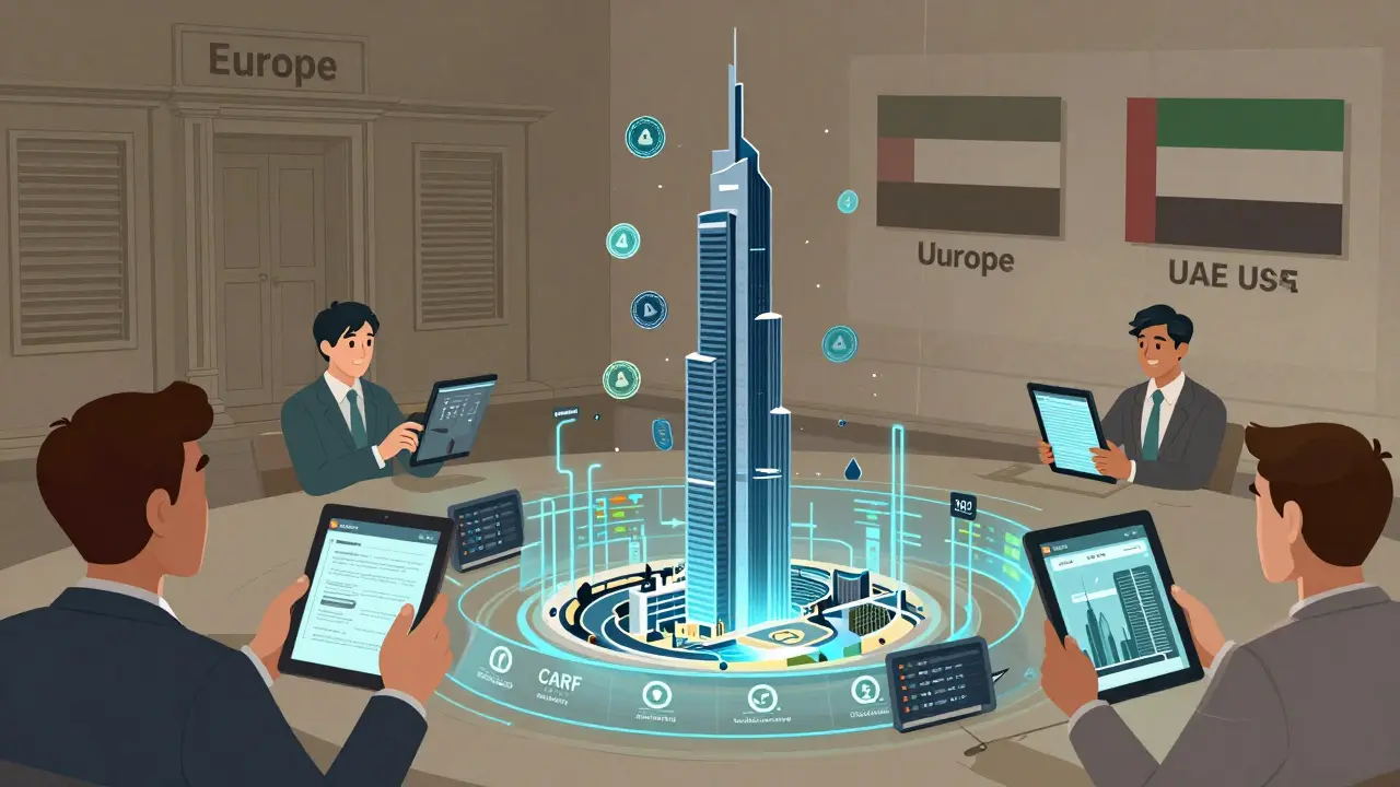 Ein Gebäude in Abu Dhabi wird in digitale Token zerlegt, die von internationalen Investoren erworben werden, während CARF-Datenströme fließen.
