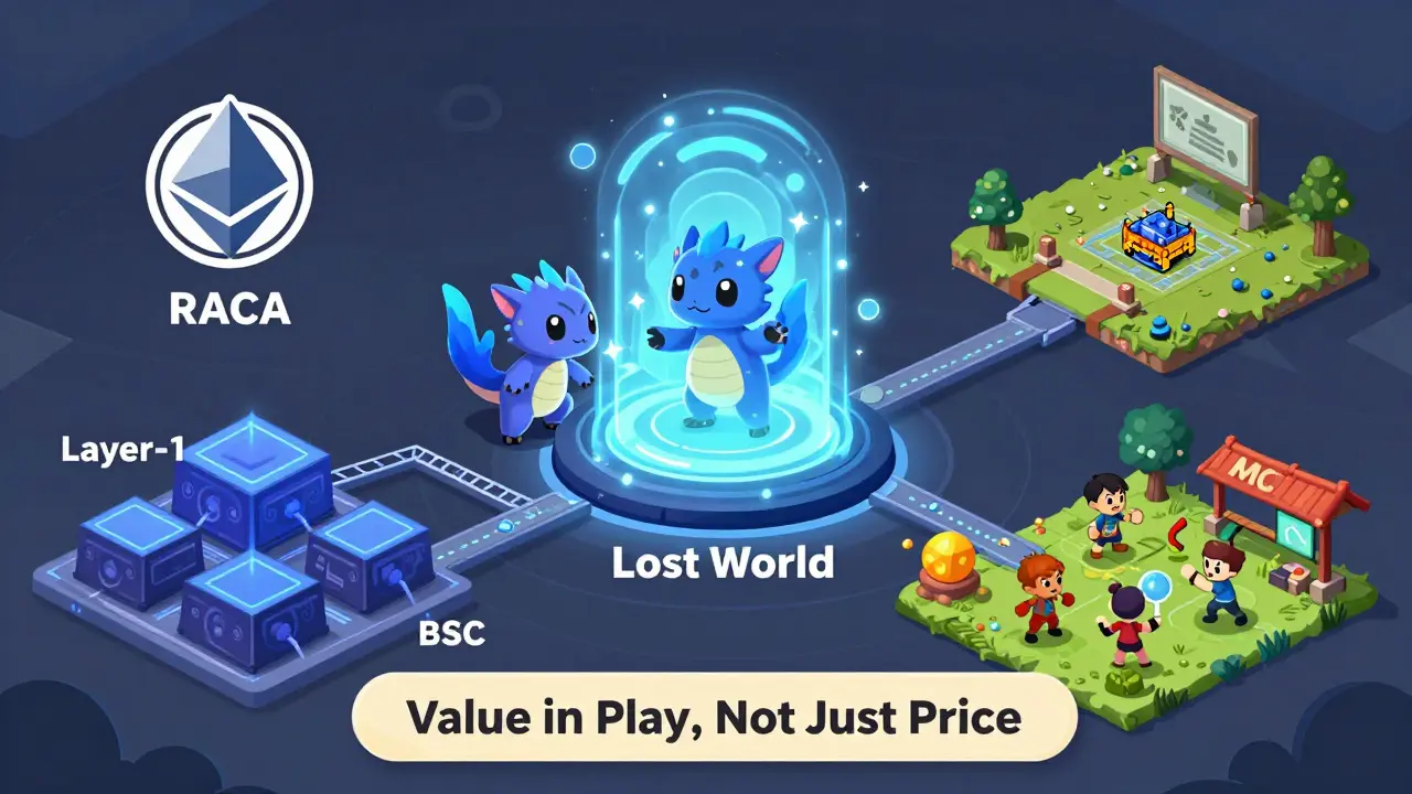 Ein Level-60-Metamon betritt die Lost World, umgeben von RACA-Token, Blockchain-Brücken und spielenden Spielern.