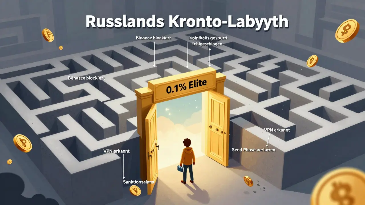 Ein Mensch versucht, durch ein Labyrinth aus Krypto-Hindernissen zu kommen, während nur die Reichen entkommen.