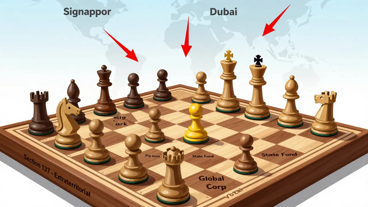 Ein Schachbrett zeigt die MAS als König, der alle Krypto-Startups besiegt hat – nur noch große Banken und staatliche Fonds bleiben auf dem Brett.