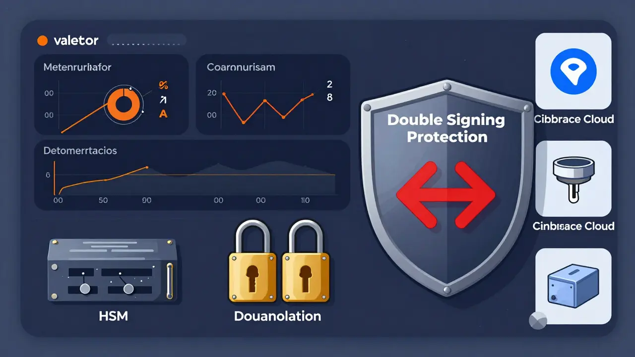 Ein Sicherheits-Dashboard zeigt HSM-Module und Double-Signing-Schutz, der einen doppelten Signatur-Angriff blockiert, während Monitoring-Tools aktiv sind.
