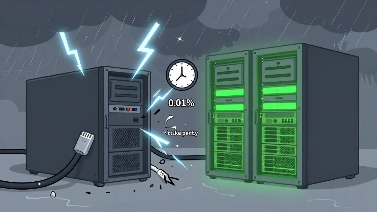 Ein Validator-Server fällt aufgrund eines Stromausfalls aus, während ein gesunder Server weiterhin funktioniert und nur eine geringe Strafe für Ausfallzeit entsteht.