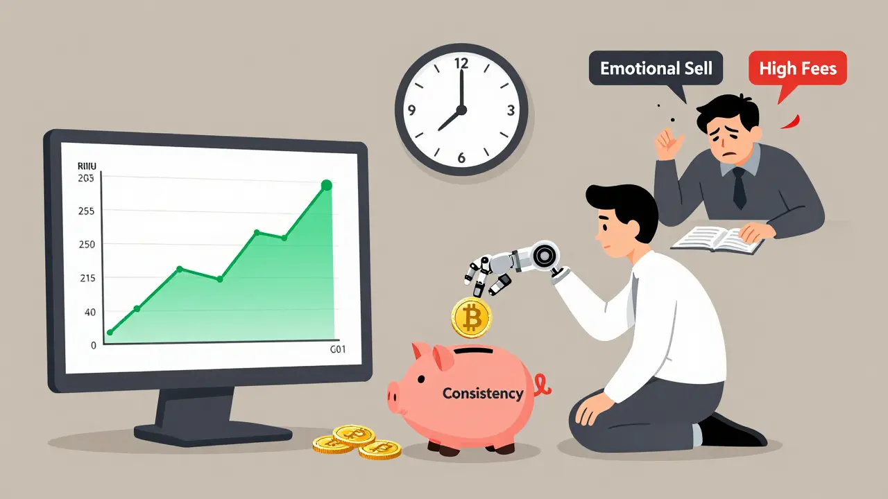 Eine Person beobachtet einen steigenden Bitcoin-Preis, während automatisch monatliche Investitionen stattfinden, im Hintergrund ein emotionaler Trader mit hohen Gebühren.