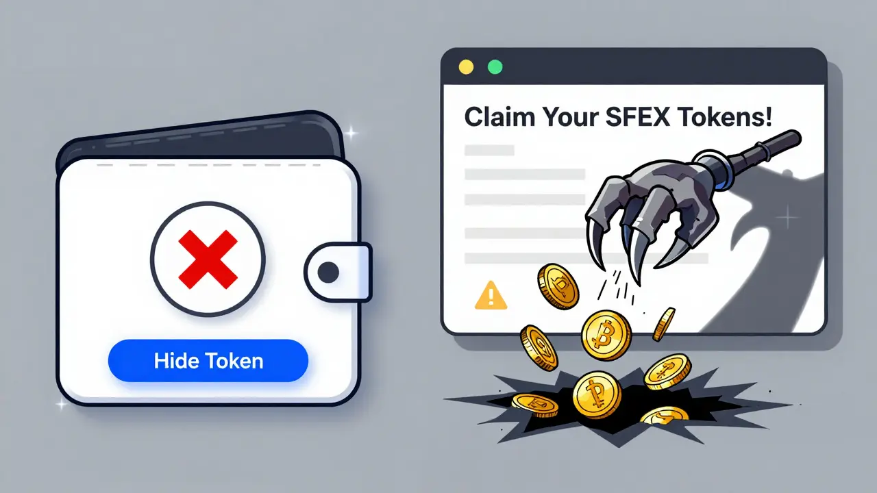 Eine sichere Wallet mit ausgeblendeten SFEX-Token im Vergleich zu einer bösartigen Airdrop-Webseite, die Kryptowährungen stiehlt.