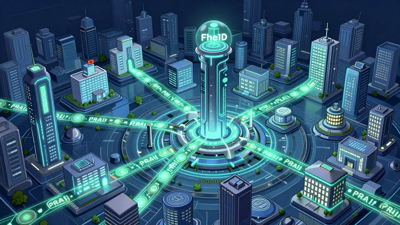 Eine Stadt mit KI-Gebäuden, die durch verschlüsselte Datenströme und PRAI-Token verbunden sind.