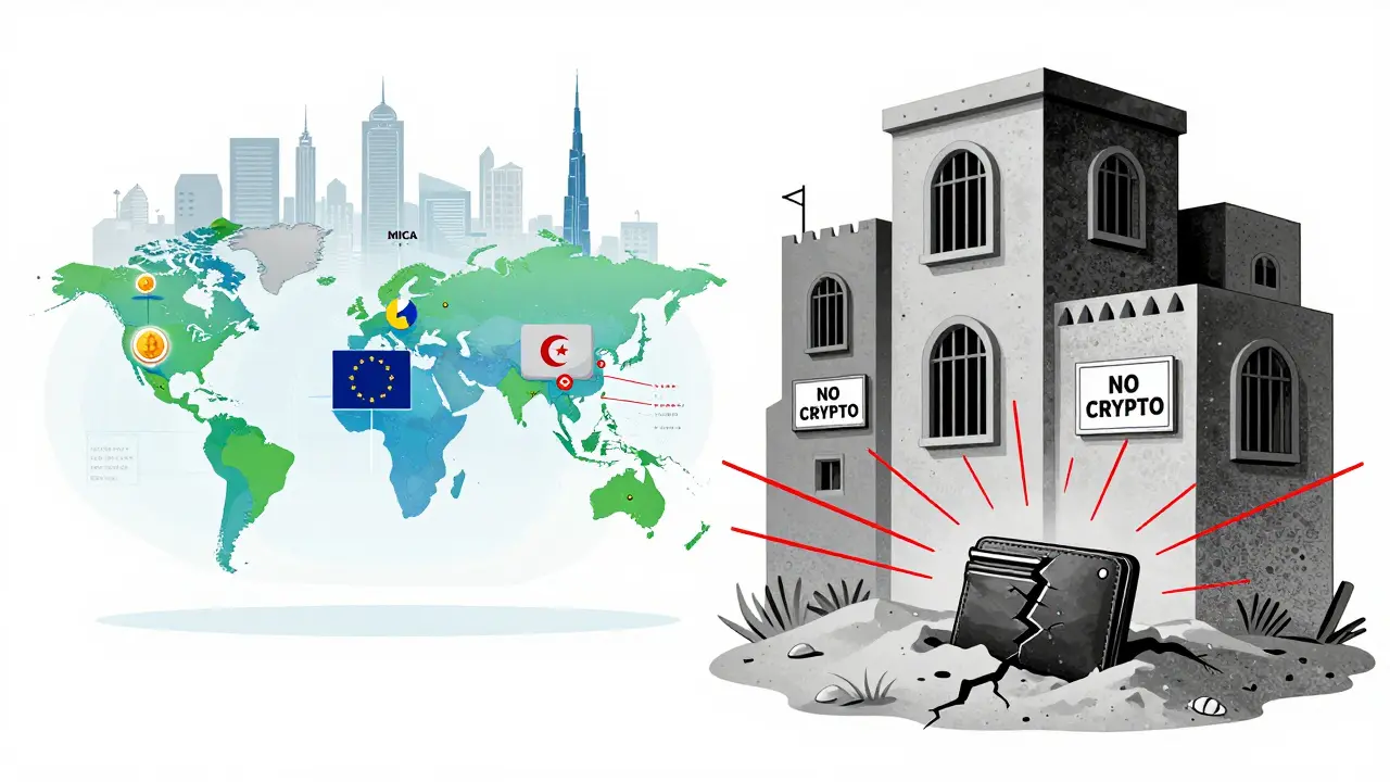 Gegenüberstellung: Eine lebendige globale Krypto-Welt vs. eine abgeriegelte, graue algerische Stadt mit Verbotsschildern.