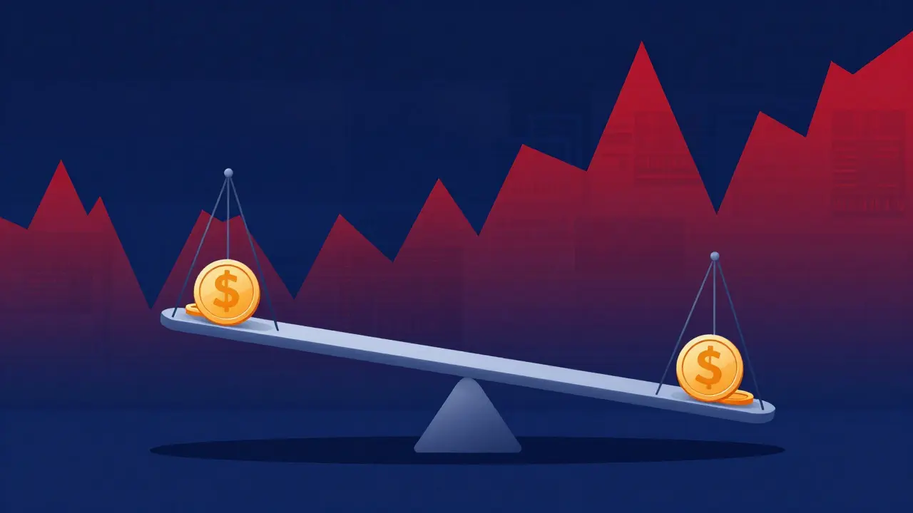 Illustration einer Waage, die Risiko durch Ungleichgewicht zeigt.