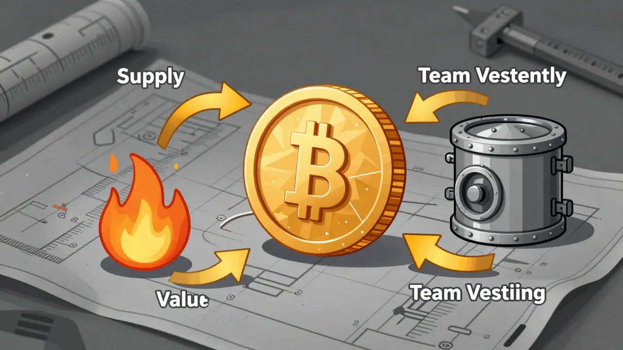 Illustrierte Skizze zur Token-Wirtschaft mit Verbrennungsfeuer und Sicherheitssymbolen.