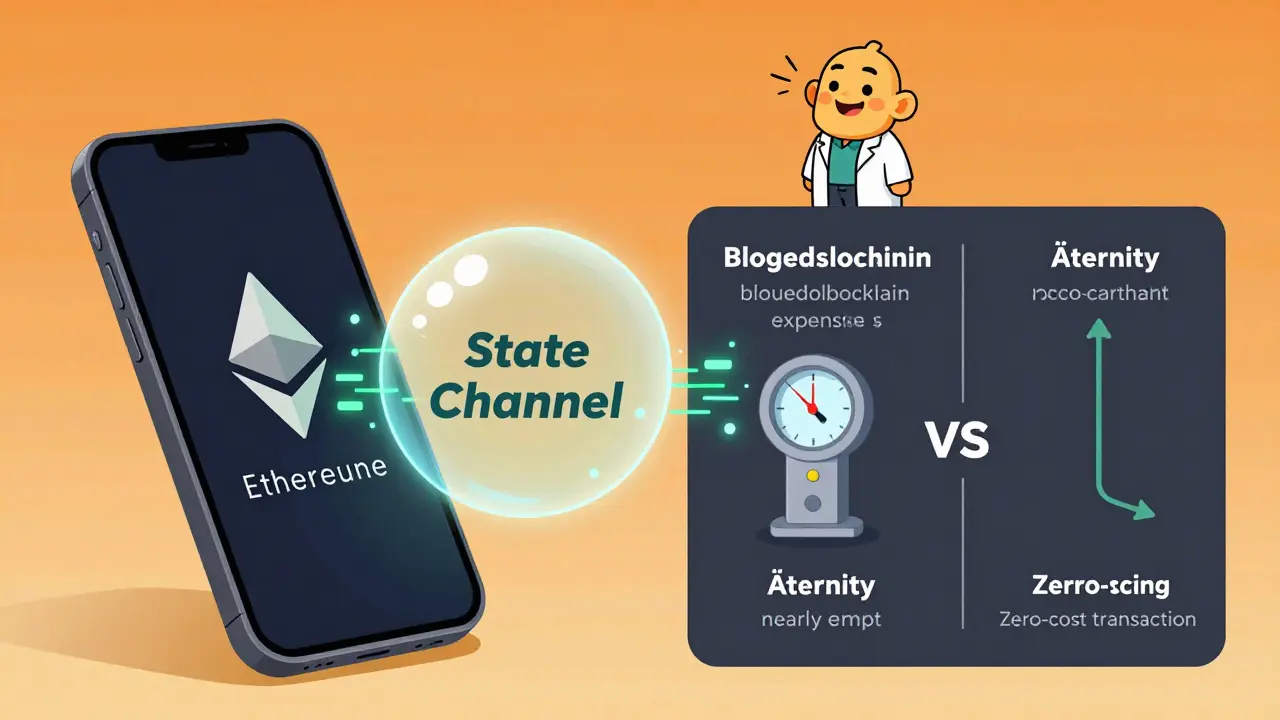 IoT device and smartphone exchanging micro-payments through a transparent State Channel, with zero transaction fees.