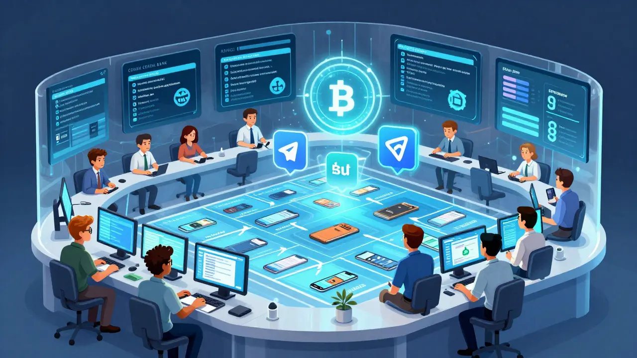 Kubanische Zentralbank überwacht Kryptotransaktionen auf digitalen Dashboards, mit Legal-Icons und Mobilwallets, die mit Handynummern verknüpft sind.