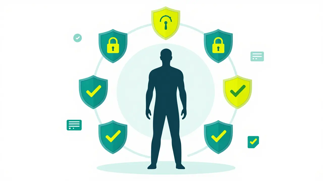 Nutzer umgeben von Schutzschichten zur Identitätssicherung.
