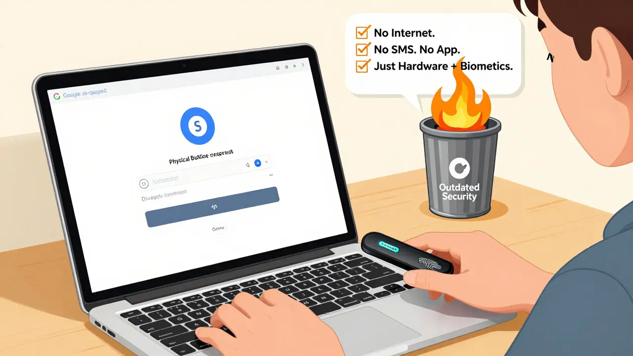 Nutzer verwalten Krypto sicher mit YubiKey und Fingerabdruck auf einem offline genutzten Laptop, während veraltete Methoden verbrannt werden.