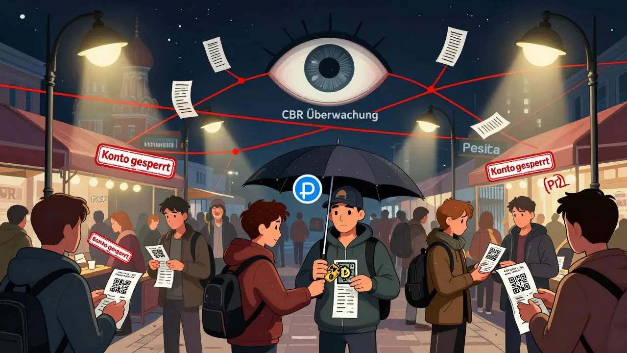 P2P-Krypto-Tausch in Moskau unter Beobachtung der Zentralbank, mit eingefrorenen Bankkonten und VPN-Schutz.