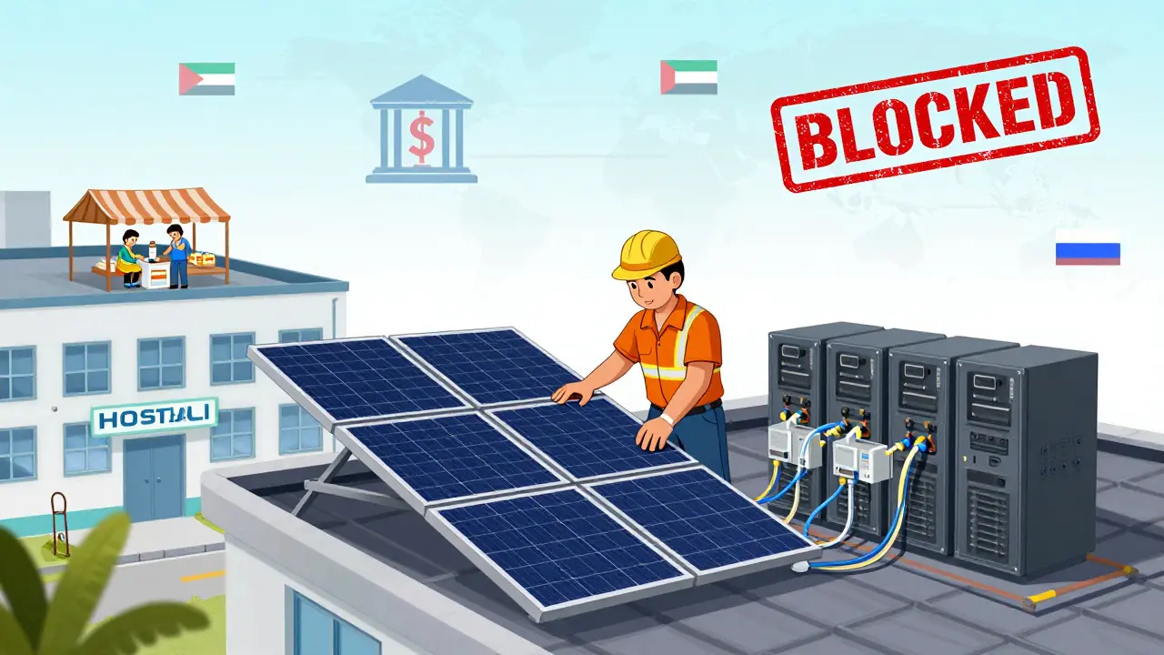 Techniker installiert solarbetriebene Mining-Rigs neben einem Krankenhaus, während Medikamente per Krypto gekauft werden und US-Bank-Sperren im Hintergrund verschwinden.