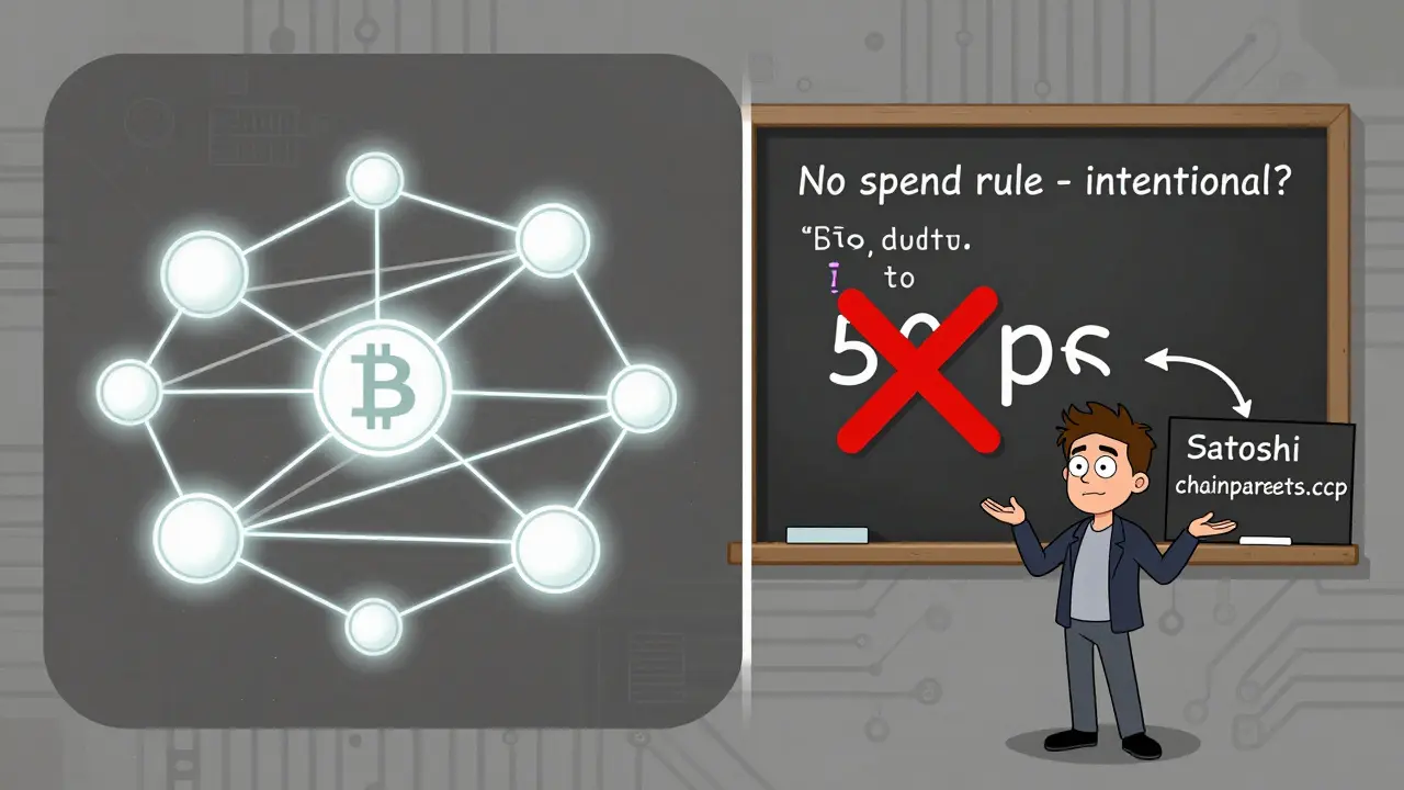 Technische Darstellung: Eine Bitcoin-Transaktion mit rotem X über den 50 BTC und Hinweis auf fehlende Ausgaberegel.