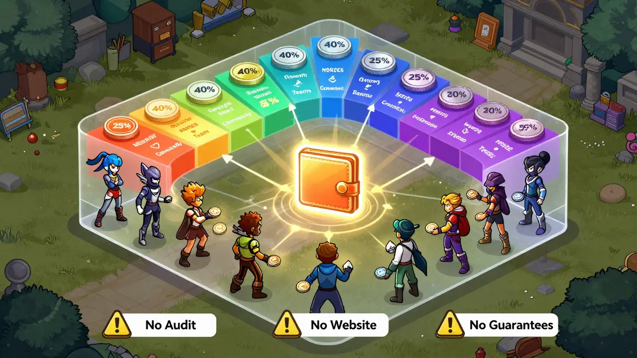 Technische Illustration: Auf Polygon basierendes Token-Ökosystem mit NFT-Helden, die durch Community-Engagement gestärkt werden.