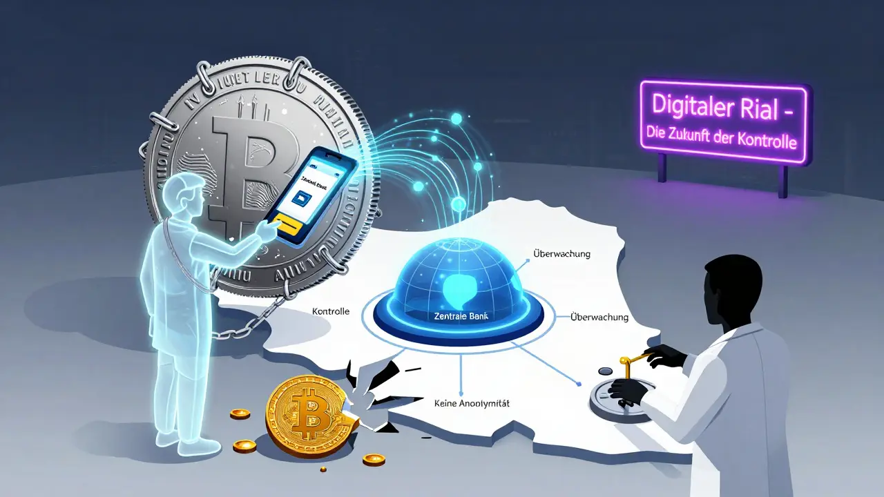 Technische Illustration: Der digitale Rial als kontrollierte digitale Währung, die jede Transaktion überwacht.
