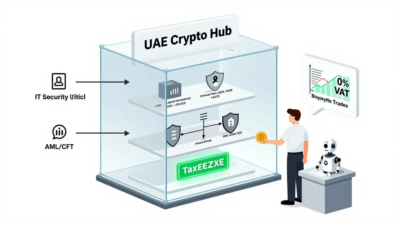 Transparentes Gebäude mit Schichten der Krypto-Lizenzierung: Kapital, Gebühren, Compliance und steuerfreier Handel in den VAE.