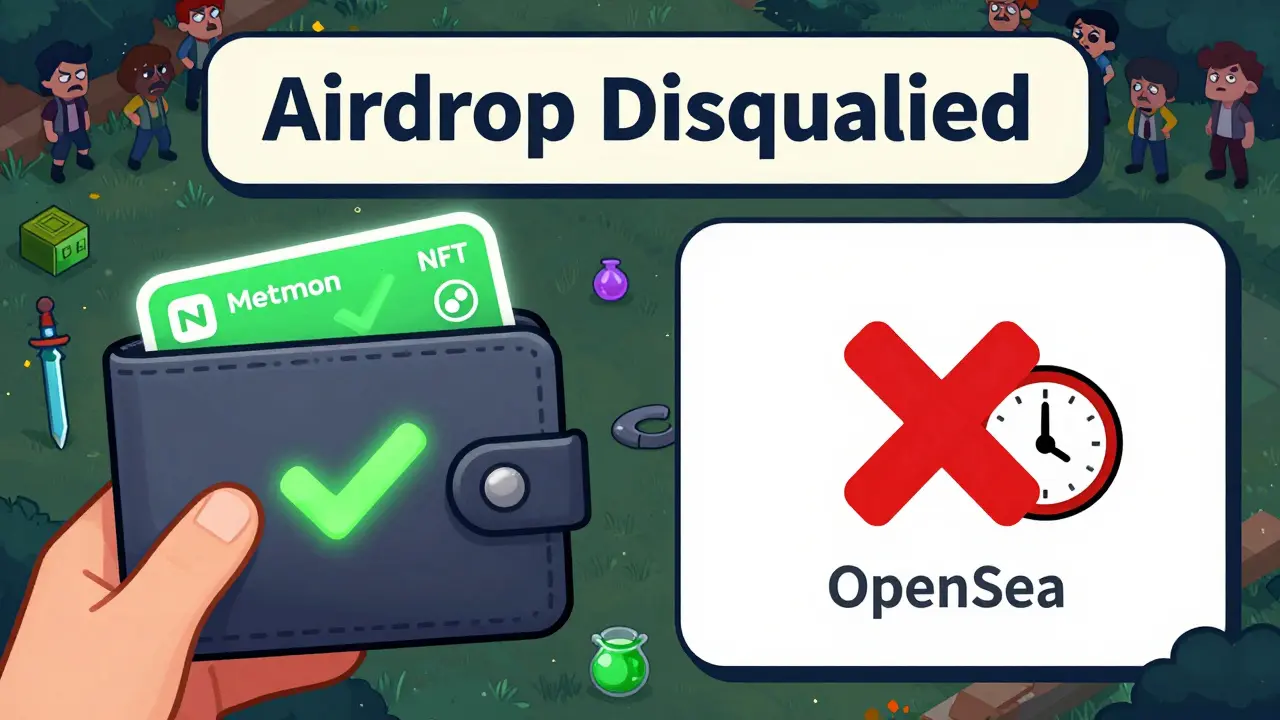 Vergleich einer sicheren Wallet mit einem auf einem Marktplatz gelisteten NFT zum Zeitpunkt des Snapshot, mit rotem Ausschluss-Icon.